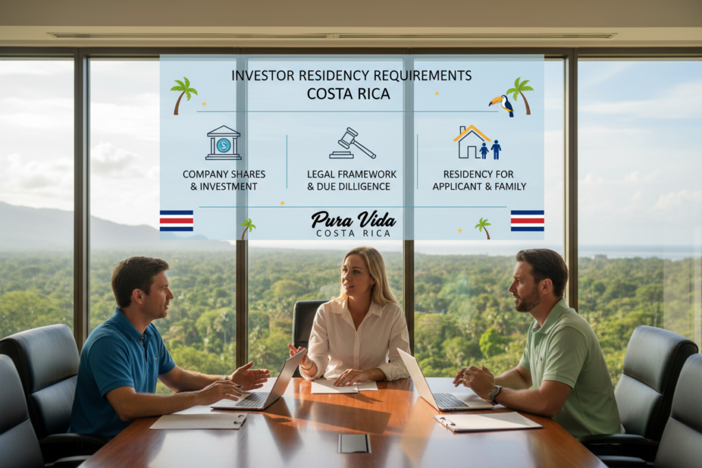 A professional business meeting scene showcasing investor residency requirements in Costa Rica. In the foreground, a group of three Caucasian professionals in business casual attire—polo shirts and button-downs—are engaged in discussion around a sleek conference table. In the middle, a large infographic displays key investor residency requirements, highlighting elements such as company shares and legal details, infused with symbols representing Costa Rica like palm trees and a subtle national flag. The background features large windows revealing a scenic view of Costa Rica’s lush landscape under bright natural lighting, enhancing a productive atmosphere. The overall tone is professional and inviting, embodying the essence of "Pura Vida Costa Rica."