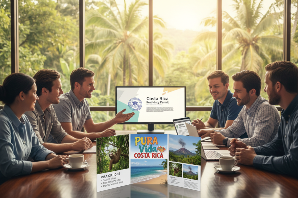 A professional business setting featuring a diverse group of Caucasian staff dressed in business casual attire, such as polo shirts and button-downs, gathered around a sleek conference table. The foreground showcases a detailed brochure titled "Pura Vida Costa Rica" with images of scenic Costa Rica landscapes and vibrant text highlighting visa options. In the middle, the team is enthusiastically discussing visa categories, with laptops displaying visuals of residency permits and tourist visas. The background reveals a large window with a view of lush tropical greenery, soft sunlight streaming in, creating a warm and inviting atmosphere. The lighting is bright and cheerful, with a slight focus blur on the background to emphasize the team and the brochure in the foreground. The overall mood is informative and collaborative, inspiring a sense of exploration and opportunity. A professional business setting featuring a diverse group of Caucasian staff dressed in business casual attire, such as polo shirts and button-downs, gathered around a sleek conference table. The foreground showcases a detailed brochure titled "Pura Vida Costa Rica" with images of scenic Costa Rica landscapes and vibrant text highlighting visa options. In the middle, the team is enthusiastically discussing visa categories, with laptops displaying visuals of residency permits and tourist visas. The background reveals a large window with a view of lush tropical greenery, soft sunlight streaming in, creating a warm and inviting atmosphere. The lighting is bright and cheerful, with a slight focus blur on the background to emphasize the team and the brochure in the foreground. The overall mood is informative and collaborative, inspiring a sense of exploration and opportunity.