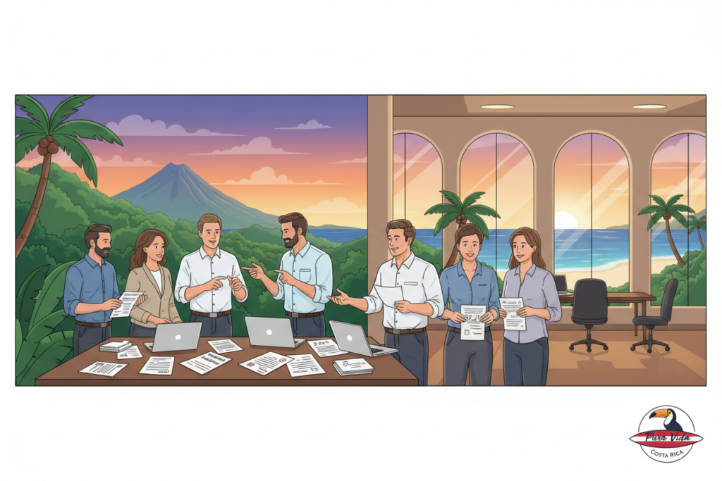A professional, engaging illustration depicting the concept of Costa Rica residency options for work permits. In the foreground, a group of diverse Caucasian professionals in business casual attire, including polo shirts and button-downs, are engaged in a discussion, surrounded by documents and laptops. The middle ground features iconic Costa Rican elements such as lush green landscapes and a colorful sunset, symbolizing the vibrant culture. The background reveals a beautifully designed office space with large windows showcasing stunning tropical views. Warm, inviting lighting enhances the collaborative atmosphere, creating a sense of optimism and opportunity. The prominent logo "Pura Vida Costa Rica" is subtly integrated in the design, reflecting a welcoming vibe for those seeking residency options.