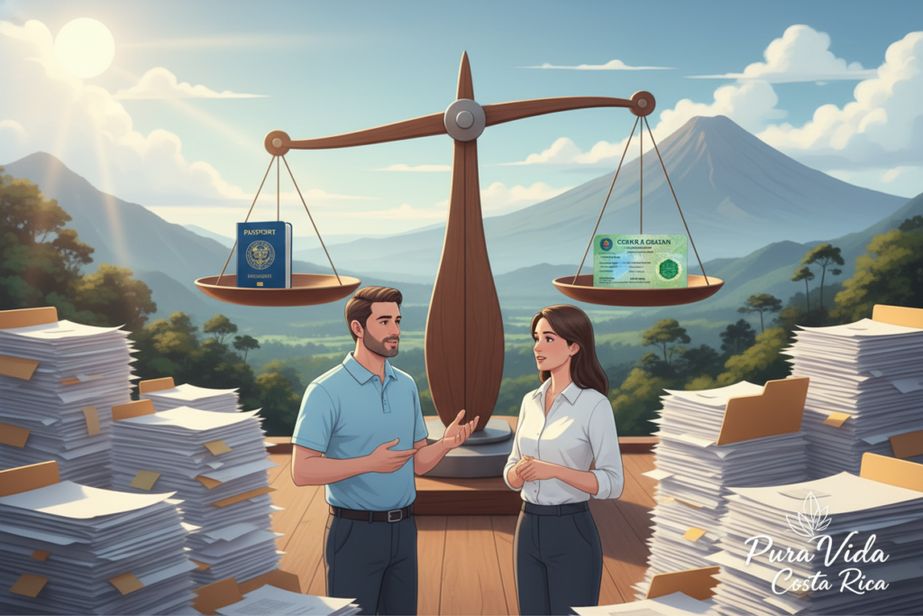 A professional, informative illustration depicting the legal statuses of Costa Rica residency and tourist visas. In the foreground, two Caucasian staff members in business casual attire (polo/button-down shirts) are engaged in discussion, surrounded by stacks of paperwork symbolizing visa applications. The middle ground shows an abstract scale balancing a passport on one side and a residency card on the other, representing the contrast between tourist visa and residency status. The background features a serene Costa Rican landscape, with lush greenery and mountains, creating a tranquil atmosphere. Soft, natural lighting filters through the scene, enhancing the sense of clarity and professionalism. Include the brand name "Pura Vida Costa Rica" subtly integrated into the composition. A professional, informative illustration depicting the legal statuses of Costa Rica residency and tourist visas. In the foreground, two Caucasian staff members in business casual attire (polo/button-down shirts) are engaged in discussion, surrounded by stacks of paperwork symbolizing visa applications. The middle ground shows an abstract scale balancing a passport on one side and a residency card on the other, representing the contrast between tourist visa and residency status. The background features a serene Costa Rican landscape, with lush greenery and mountains, creating a tranquil atmosphere. Soft, natural lighting filters through the scene, enhancing the sense of clarity and professionalism. Include the brand name "Pura Vida Costa Rica" subtly integrated into the composition.