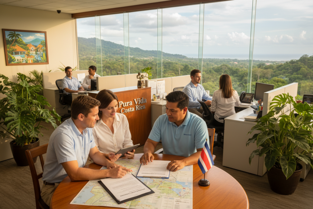 A professional, inviting office scene set in Costa Rica, showcasing a diverse team of Caucasian and Hispanic staff members in business casual attire (polo shirts/button-downs) engaging in a discussion about residency and immigration processes. In the foreground, a couple is seated at a round table, reviewing documents and maps related to residency permits, with the Costa Rican flag subtly displayed. The middle adds an open office space, featuring a modern design with green plants and large windows highlighting the lush tropical landscape outside. The background portrays panoramic views of Costa Rica's natural beauty, enhancing the atmosphere of opportunity and growth. Soft, natural light fills the room, creating a warm, welcoming mood. Include the brand name "Pura Vida Costa Rica" in a professional manner within the office decor.