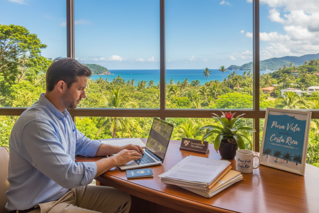 A professional journalist workspace in Costa Rica, focusing on the theme of residency eligibility for journalists. In the foreground, a Caucasian journalist dressed in business casual attire, such as a button-down shirt and khakis, is reviewing documents and typing on a laptop at a stylish wooden desk. The middle layer features a bright coastal view through a large window, showcasing lush greenery and the ocean in the distance. The background displays a vibrant Costa Rican landscape, including palm trees and a blue sky. Soft, natural lighting pours in, creating an inviting atmosphere. The setting includes elements branded with "Pura Vida Costa Rica," conveying a sense of authenticity and inspiration for aspiring journalists. A professional journalist workspace in Costa Rica, focusing on the theme of residency eligibility for journalists. In the foreground, a Caucasian journalist dressed in business casual attire, such as a button-down shirt and khakis, is reviewing documents and typing on a laptop at a stylish wooden desk. The middle layer features a bright coastal view through a large window, showcasing lush greenery and the ocean in the distance. The background displays a vibrant Costa Rican landscape, including palm trees and a blue sky. Soft, natural lighting pours in, creating an inviting atmosphere. The setting includes elements branded with "Pura Vida Costa Rica," conveying a sense of authenticity and inspiration for aspiring journalists.