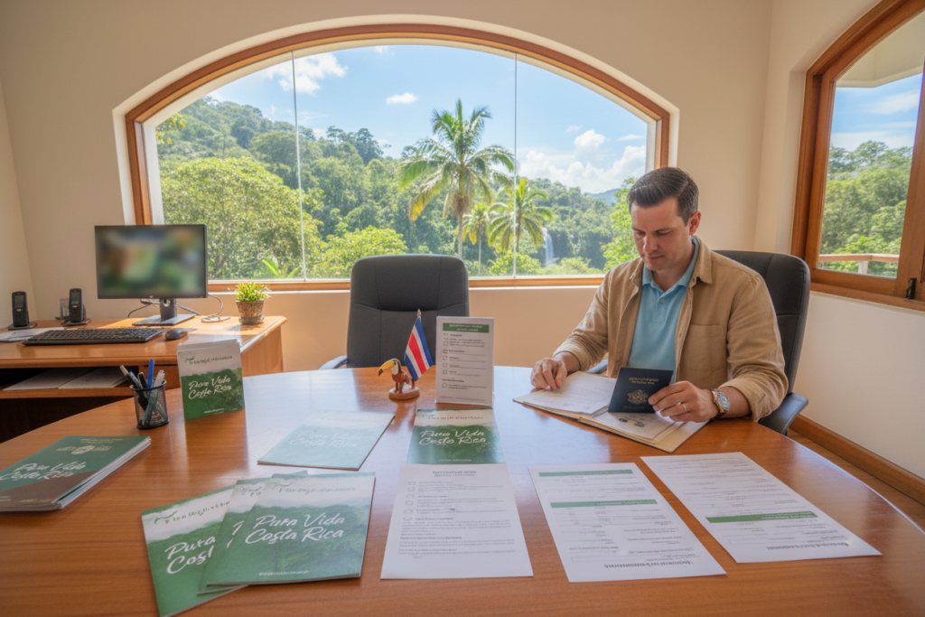 A professional-looking office space with a focus on step-by-step guidance for immigration procedures to Costa Rica. In the foreground, a Caucasian staff member in business casual attire (polo and button-down shirt) is reviewing documents at a desk. The middle section features an organized table displaying brochures and guides labeled "Pura Vida Costa Rica," indicating essential steps for newcomers, like forms and checklists. In the background, a bright, welcoming window showcases a tropical landscape of Costa Rica, with lush greenery and a clear blue sky. The room is well-lit with natural sunlight, creating a warm and inviting atmosphere. The angle is slightly above eye level, providing a comprehensive view of the setting while maintaining focus on the staff member's attentive expression.