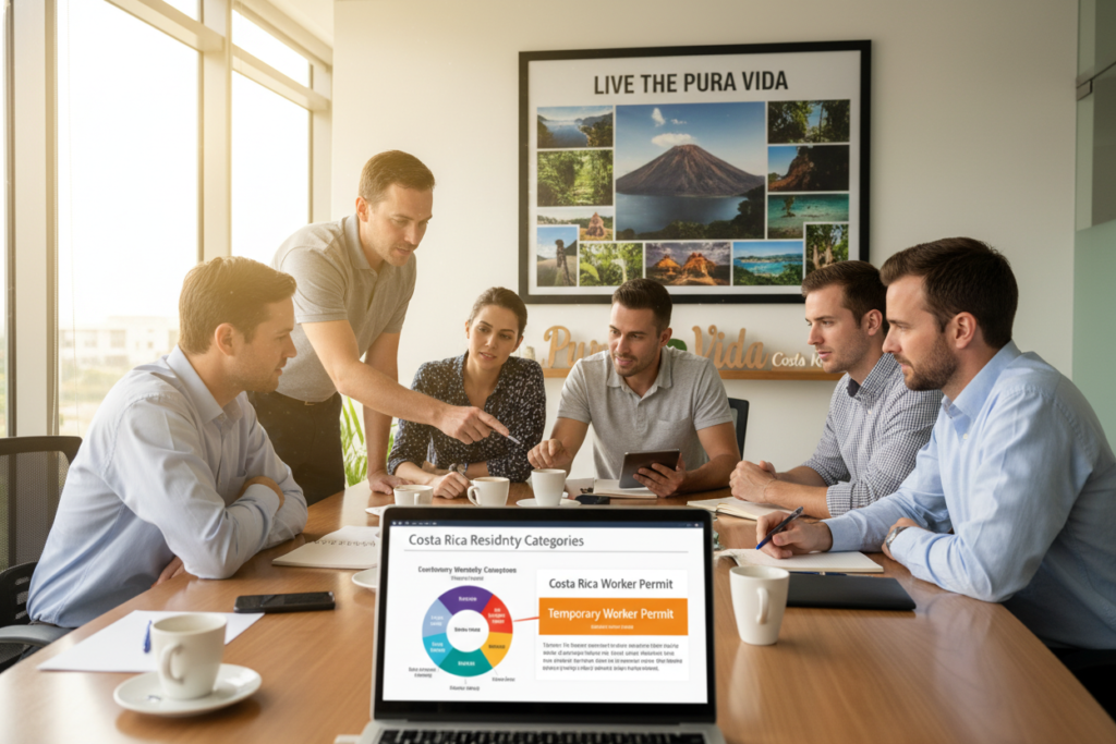 A professional meeting in a well-lit office showcasing a diverse group of Caucasian staff in business casual attire (polo and button-down shirts) gathered around a modern conference table. They are discussing Costa Rica's residency categories, particularly the Temporary Worker Permit. In the foreground, a laptop displays a colorful infographic titled "Costa Rica Residency Categories." The middle layer includes engaged individuals, with expressions of collaboration and focus as they point at the laptop screen. The background features a wall adorned with a motivational quote and images representing the beauty of Costa Rica. Bright natural light filters through large windows, creating a warm, inviting atmosphere. The brand name "Pura Vida Costa Rica" subtly integrated into the office decor.