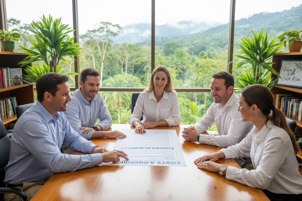 A professional meeting scene set in a bright office in Costa Rica, featuring a diverse group of Caucasian staff dressed in business casual attire, such as polo shirts and button-downs. In the foreground, a confident male and female, engaged in a discussion, point at a large document titled "Costa Rica Residency Eligibility" placed on a stylish conference table. The middle ground shows a large window with natural light pouring in, highlighting the lush green landscape of Costa Rica outside, symbolizing the beauty of the country. The background fades into a soft blur of office elements like plants and shelves filled with books about Costa Rican culture and residency. The atmosphere is collaborative and professional, evoking a sense of determination and hope. Incorporate the brand name "Pura Vida Costa Rica" subtly in the decorative elements of the office.