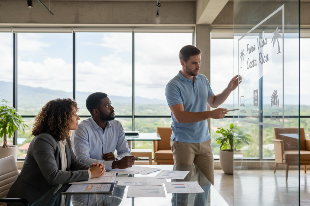 A professional, modern office setting depicting a diverse team of colleagues discussing the residency eligibility criteria for digital nomads in Costa Rica. In the foreground, a Caucasian staff member in a smart polo shirt is pointing at a digital display showcasing the text "Pura Vida Costa Rica" alongside visual icons representing different residency categories. In the middle, two additional colleagues, one Hispanic and one African-American, are engaged in conversation while reviewing documents spread across a glass table, all dressed in business casual attire. The background features large windows allowing natural light to flood the room, creating a warm and welcoming atmosphere. The scene captures a sense of collaboration and professionalism, emphasizing the clarity and accessibility of Costa Rica's residency requirements. Soft, diffused lighting enhances the inviting feel, while a slight depth of field draws focus to the main discussion.