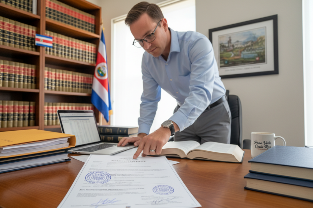 A professional office environment featuring a Caucasian staff member in business casual attire (polo/button-down) attentively examining a birth certificate with an apostille authentication stamp. The foreground showcases a clear view of the birth certificate, emphasizing the ornate details of the apostille seal. In the middle ground, a desk cluttered with legal documents and a laptop indicates a busy work atmosphere. In the background, soft-focus shelves filled with legal books and a Costa Rican flag subtly reference the local context. The lighting is bright and inviting, creating a sense of stability and professionalism. The mood is serious yet optimistic, reflecting the importance of fulfilling residency requirements. The brand name "Pura Vida Costa Rica" is subtly integrated into the decor of the office space, reinforcing the theme.
