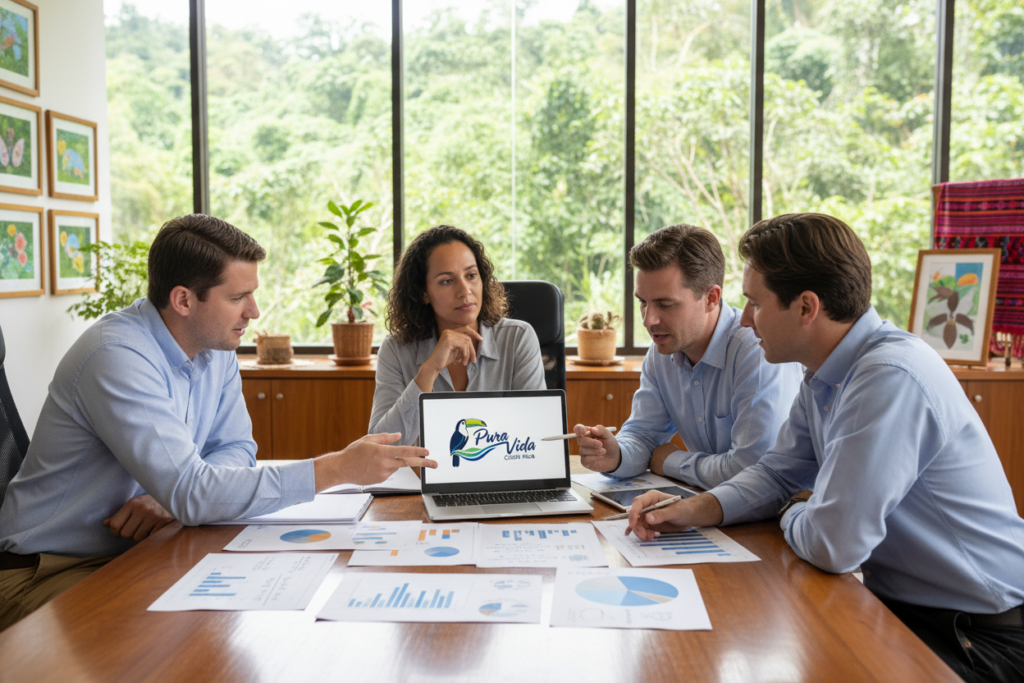 A professional office environment illustrating the customs duty calculation process for expatriates in Costa Rica, featuring a group of Caucasian staff in business casual attire, such as polo shirts or button-downs, engaged in discussions around a large table. Foreground: various mathematical calculations and charts are visible on the table, alongside a laptop displaying the "Pura Vida Costa Rica" logo. Middle: an expat looking thoughtfully at the calculations, representing a diverse blend of backgrounds, with a focus on the process. Background: an office filled with Costa Rican decor, natural light streaming through large windows, highlighting the lush greenery outside, creating a warm and inviting atmosphere. The image captures a sense of professionalism and collaboration, emphasizing clarity and assistance in understanding customs duties.