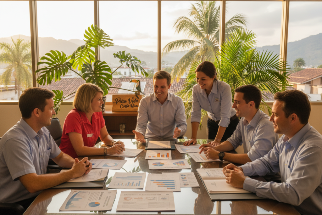 A professional office environment in Costa Rica, showcasing a diverse group of Caucasian staff dressed in business casual attire, such as polo shirts and button-down shirts, discussing financial requirements for residency. In the foreground, a table is covered with documents illustrating various residency options, including charts and graphs. In the middle ground, staff members are engaged in conversation, surrounded by potted tropical plants, which reflect Costa Rica’s lush environment. The background features large windows, allowing warm sunlight to stream in, creating a bright and inviting atmosphere. A tasteful display of "Pura Vida Costa Rica" branding is subtly integrated into the office decor, enhancing the local context. The overall mood is professional yet relaxed, embodying the spirit of Costa Rica’s welcoming nature.