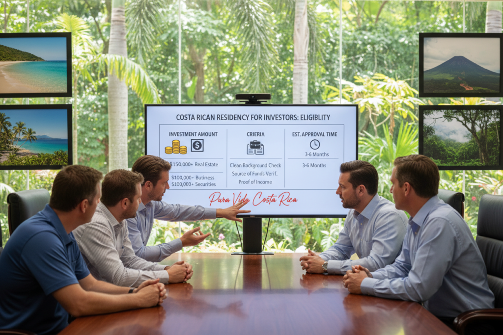 A professional office environment reflecting the theme of Costa Rican residency eligibility for investors. In the foreground, a diverse group of Caucasian professionals dressed in business casual attire, including polo shirts and button-downs, are engaged in a discussion around a sleek conference table. The middle of the image features a large digital screen displaying a detailed chart of eligibility thresholds for Costa Rica residency, with visual icons representing investment amounts, applications, and criteria. The background showcases elements of Costa Rican culture, such as tropical plants and scenic images of Costa Rica, creating a vibrant atmosphere. Soft, natural lighting illuminates the space, highlighting the seriousness yet optimistic mood of the discussion. The phrase "Pura Vida Costa Rica" subtly integrated into the digital display adds a local touch to the composition.