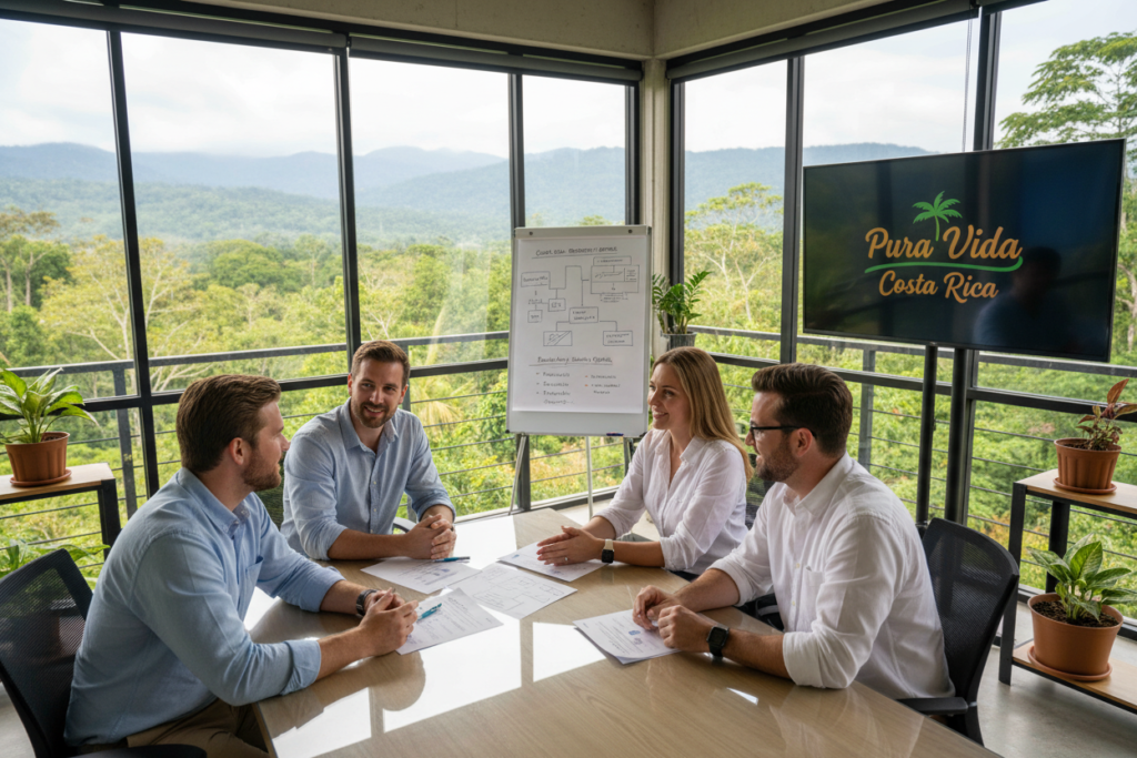 A professional office environment showcasing Costa Rica residency options. In the foreground, a diverse group of Caucasian staff dressed in business casual attire—polo shirts and button-downs—are engaged in a discussion, with charts and documents related to residency options spread across a large conference table. In the middle, a large whiteboard displays graphs and bullet points highlighting different residency categories like pensionado, rentista, and investor visas. The background features large windows with a view of lush, tropical landscapes typical of Costa Rica, casting soft natural light throughout the room. The overall mood is informative and inviting, reflecting a sense of professionalism and warmth, with the brand name "Pura Vida Costa Rica" subtly displayed on a screen in the background.