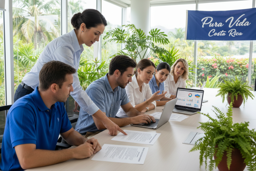 A professional office environment showcasing a diverse group of Caucasian staff in business casual attire, including polo shirts and button-downs, discussing "Special Category Work Permit Eligibility" in Costa Rica. In the foreground, a confident woman points to a document outlining eligibility criteria on a table. In the middle ground, a group of engaged individuals are gathered around a laptop, analyzing data related to work permit processing. The background features large windows with natural light illuminating the space, vibrant green plants reflecting Costa Rica’s tropical landscape, and a tasteful banner reading “Pura Vida Costa Rica” on the wall. The atmosphere is collaborative and focused, conveying seriousness and professionalism in the work permit eligibility discussion.