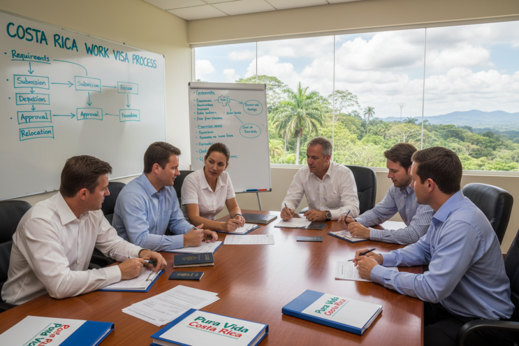 A professional office environment showcasing the Costa Rica work visa application process. In the foreground, a diverse group of Caucasian staff in business casual attire (polo and button-down shirts) collaborates over a table filled with application forms and documents. The middle layer features a large whiteboard displaying key points of the application process, annotated with diagrams and flowcharts. In the background, a bright window reveals a lush Costa Rican landscape, symbolizing opportunity and growth. Soft, natural lighting pours in, creating an inviting atmosphere. The overall mood is focused yet optimistic, emphasizing professionalism and collaboration. Prominently include the brand name "Pura Vida Costa Rica" on materials scattered across the table.