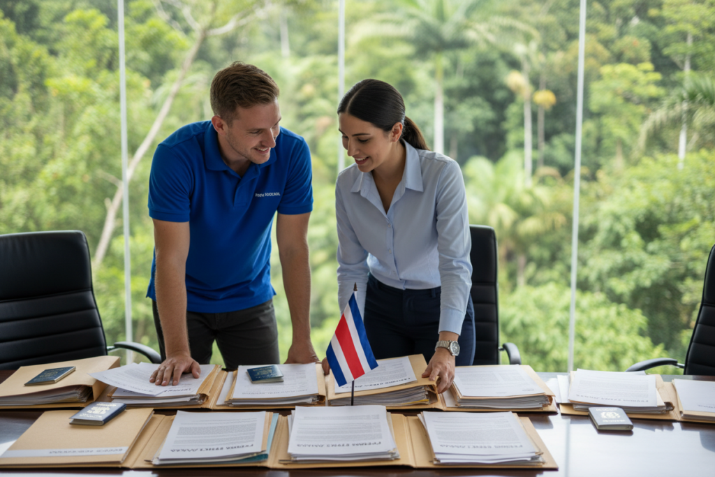 A professional office scene depicting the experience of processing work visas in Costa Rica. In the foreground, a Caucasian male and female staff member, dressed in business casual polo shirts and button-downs, are thoughtfully discussing paperwork and insights around a modern conference table. The middle ground features folders and documents related to work permits with a Costa Rican flag subtly placed on the table. In the background, large windows showcase a lush green landscape typical of Costa Rica, accentuating the country’s natural beauty, with soft, diffused sunlight illuminating the scene. The atmosphere conveys professionalism, clarity, and optimism, reflecting the theme of "Pura Vida Costa Rica". Shot with a wide-angle lens for depth, focusing on the engaged expressions of the staff.