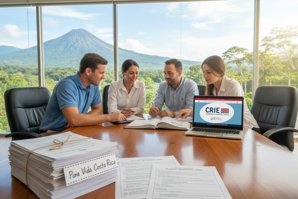A professional office scene illustrating the Costa Rica residency legal process, featuring a diverse group of Caucasian staff in business casual attire (polo and button-down shirts) discussing documents and a laptop. In the foreground, a stack of paperwork labeled "Pura Vida Costa Rica" and residency application forms is visible. The middle layer shows a large table filled with legal guides and maps of Costa Rica, alongside a laptop displaying the CRIE website. The background features a large window with views of Costa Rican landscapes, capturing the scenic beauty. Soft natural lighting enhances a collaborative atmosphere, while a wide-angle perspective provides a clear view of the focused teamwork. The image conveys professionalism, clarity, and positivity surrounding the residency process.