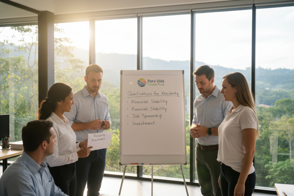 A professional office setting depicting a diverse group of Caucasian employees in smart business casual attire, such as polo shirts and button-downs, engaged in a discussion about the process of obtaining residency in Costa Rica. In the foreground, a smiling female employee holds a document labeled "Residency Requirements" while two male colleagues listen attentively. In the middle, a large whiteboard displays key qualifications for residency, such as financial stability and job sponsorship, beneath the logo "Pura Vida Costa Rica." The background features large windows with a view of Costa Rica's lush greenery, sunlight streaming in, creating an inviting and hopeful atmosphere. The image captures a warm, informative mood, emphasizing collaboration and professionalism, using bright, natural lighting to enhance the clarity and focus of the scene.