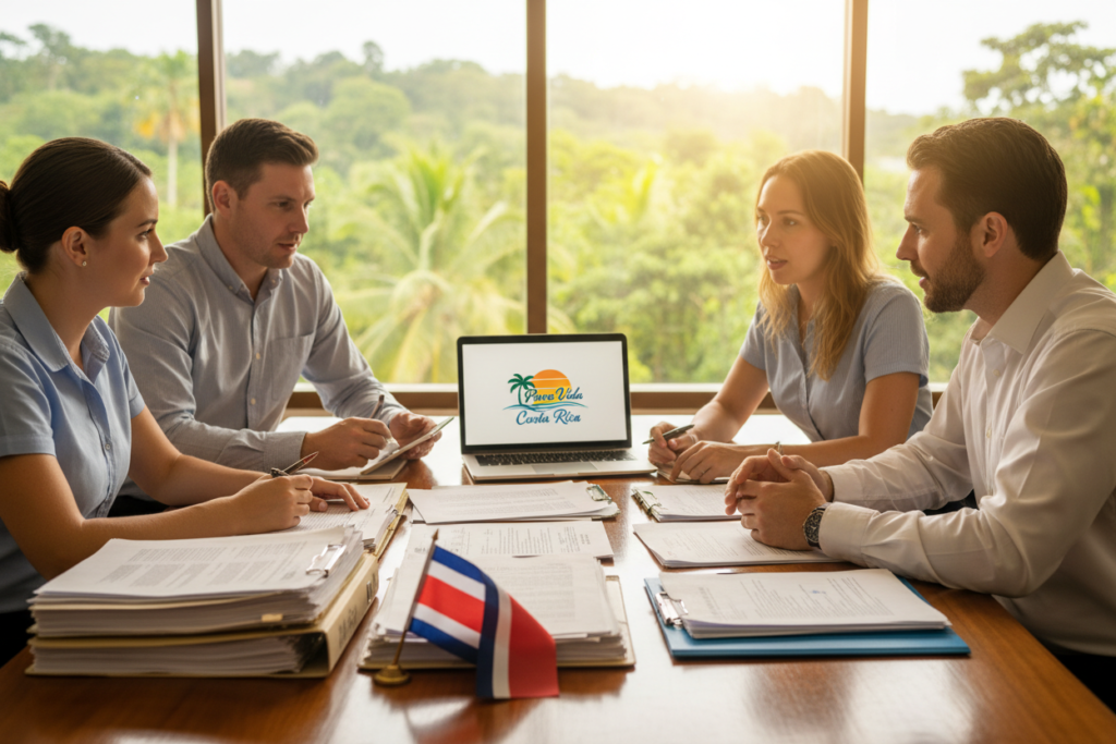 A professional office setting depicting the Costa Rica residency process, with a focus on a diverse group of four Caucasian staff members in business casual attire (polo and button-down shirts) sitting around a table covered with paperwork and documents. In the foreground, a detailed Costa Rican flag subtly placed alongside paperwork and a laptop displaying the "Pura Vida Costa Rica" logo, symbolizing a warm and inviting atmosphere. In the middle ground, a soft-focus background of lush tropical plants outside a large window, emphasizing a connection to Costa Rica's natural beauty. The lighting is bright and welcoming, with warm tones illuminating the scene, giving it a productive, optimistic mood. Use a medium close-up angle to capture the expressions of collaboration and focus.