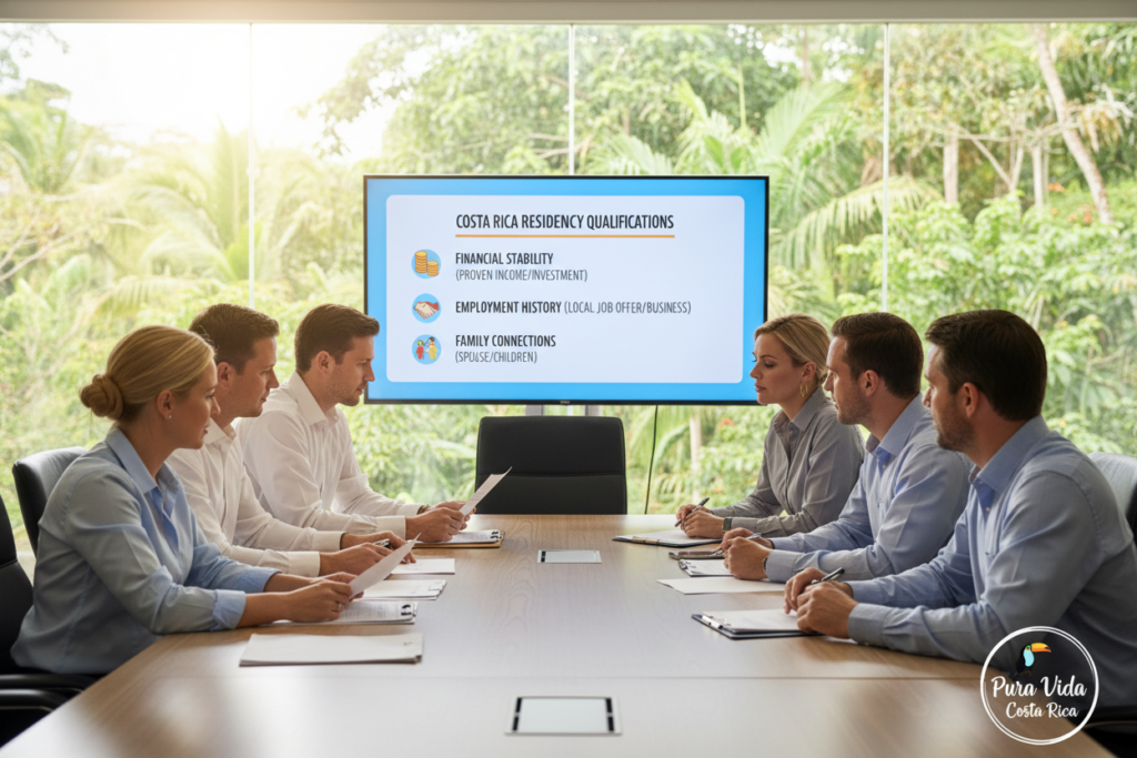 A professional office setting depicting the qualifications for Costa Rica residency. In the foreground, a diverse group of Caucasian staff in business casual attire (polo and button-down shirts) engage around a sleek conference table, reviewing documents related to residency criteria. In the middle, an infographic-style board displays bullet points illustrating key qualifications: financial stability, employment history, and family connections in Costa Rica. The background features a modern window view of lush tropical greenery indicative of Costa Rica's landscape, with soft natural lighting casting a warm glow on the scene. Emphasize a collaborative and informative atmosphere, with a subtle "Pura Vida Costa Rica" logo elegantly placed in the corner. Use a wide-angle lens to capture the entire scene effectively, ensuring all elements are clear and inviting.