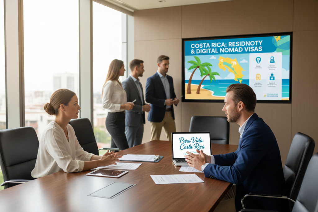 A professional office setting featuring a diverse group of Caucasian individuals in business casual attire, discussing Costa Rica residency and digital nomad visa pathways. In the foreground, a well-dressed man and woman are seated at a sleek conference table filled with documents and a laptop displaying the brand name "Pura Vida Costa Rica." In the middle background, a large screen shows a colorful infographic of Costa Rica’s visa options, blending tropical elements like palm trees and the outline of the country's map. Soft natural lighting filters through large windows, casting a warm glow and creating an inviting atmosphere. The composition should evoke a sense of collaboration and opportunity, capturing the essence of digital nomadism in Costa Rica. A professional office setting featuring a diverse group of Caucasian individuals in business casual attire, discussing Costa Rica residency and digital nomad visa pathways. In the foreground, a well-dressed man and woman are seated at a sleek conference table filled with documents and a laptop displaying the brand name "Pura Vida Costa Rica." In the middle background, a large screen shows a colorful infographic of Costa Rica’s visa options, blending tropical elements like palm trees and the outline of the country's map. Soft natural lighting filters through large windows, casting a warm glow and creating an inviting atmosphere. The composition should evoke a sense of collaboration and opportunity, capturing the essence of digital nomadism in Costa Rica.