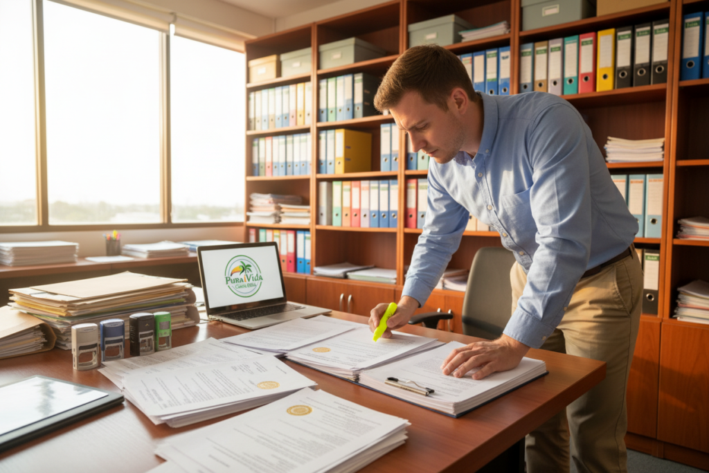 A professional office setting filled with natural light, showcasing a desk cluttered with required documents for apostille translation. In the foreground, a Caucasian staff member dressed in business casual attire—a light button-down shirt and chinos—concentrating while reviewing a stack of papers. The middle layer features a close-up of essential documents, including notarized certificates and translations, alongside a laptop displaying the "Pura Vida Costa Rica" logo. In the background, shelves filled with binders and files illustrate a busy workspace, enhancing the context of document preparation. The mood is focused and diligent, with warm lighting highlighting the details of the important papers. The image composition is framed from a slight angle to capture both the person and the documents in a harmonious balance.