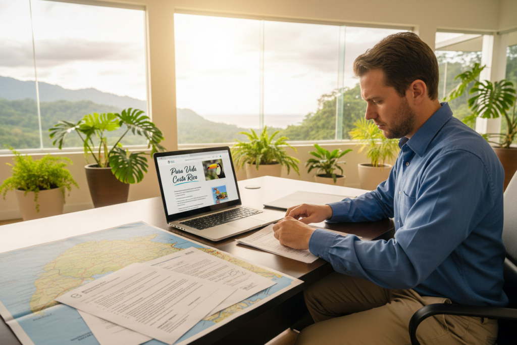 A professional office setting focused on the Costa Rica residency process documentation. In the foreground, a neatly organized desk displaying essential documents related to the CRIE residency application, including forms, a checklist, and a map of Costa Rica. A Caucasian male staff member in business casual attire, wearing a button-down shirt, is reviewing the documents with a thoughtful expression. In the middle ground, a laptop shows a website titled "Pura Vida Costa Rica", providing additional information about residency options. The background features a bright, airy office space with green plants and Costa Rican scenery visible through large windows. Soft, natural lighting illuminates the scene, creating a calm and professional atmosphere.