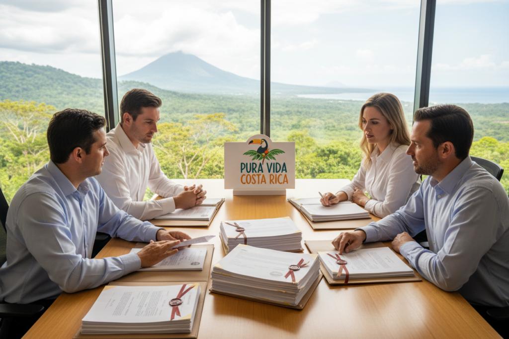 A professional office setting focused on the apostille process for Costa Rica residency. In the foreground, a diverse group of Caucasian staff dressed in business casual attire (polo and button-down shirts) discuss documents with open folders, emphasizing teamwork and collaboration. In the middle ground, a table is covered with stamped and certified documents, illustrating the apostille process, alongside a clear representation of the "Pura Vida Costa Rica" brand logo. The background features a large window with views of Costa Rica’s lush greenery and iconic landscapes, bathing the scene in natural light, creating an inviting and professional atmosphere. The angle captures the interaction and details of the documents, highlighting the importance of the apostille in the residency process. The overall mood is one of professionalism and clarity.