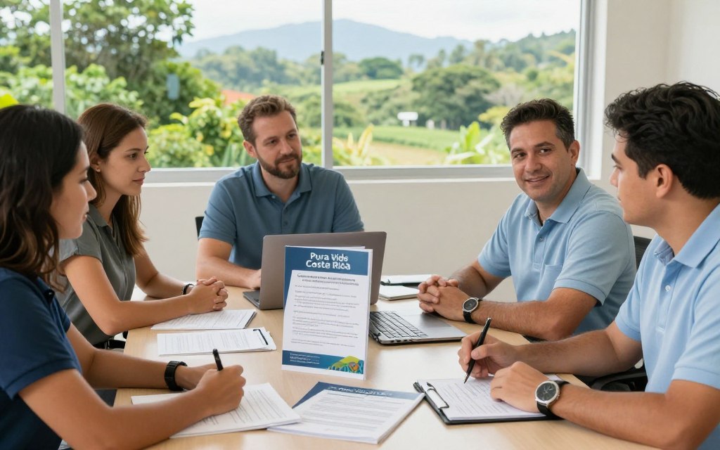 A professional office setting illustrating the Costa Rica residency process with a focus on CRIE (crie.cr). In the foreground, a diverse group of Caucasian staff in business casual attire (polo shirts and button-downs) is engaged in a collaborative meeting around a table filled with paperwork and a laptop. In the middle ground, brochures labeled "Pura Vida Costa Rica" and documents outlining residency requirements are partially visible. The background features a large window showcasing the lush green landscape of Costa Rica, with bright natural light flooding the space. The atmosphere is warm and welcoming, conveying a sense of guidance and support for individuals navigating the immigration process. Use a slightly elevated angle to capture the group dynamic and the vibrant environment.