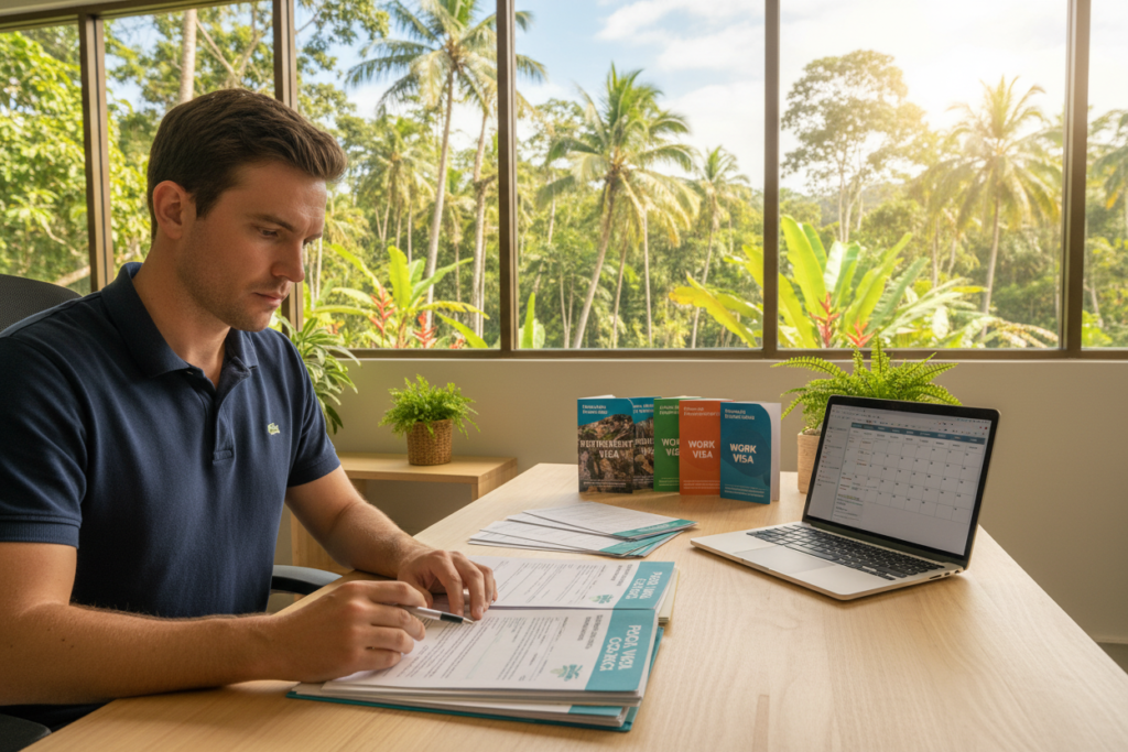 A professional office setting in Costa Rica, featuring a well-organized desk with a stack of colorful residency visa application forms labeled "Pura Vida Costa Rica." In the foreground, a Caucasian staff member dressed in a polished business casual polo shirt is examining the documents with a focused expression. In the middle, there are brochures about various residency options, such as retirement and work visas, artfully arranged alongside a laptop displaying a consultation calendar. In the background, large windows reveal a lush tropical landscape, filled with greenery and palm trees, allowing natural light to fill the space, creating a warm and inviting atmosphere. The overall mood is professional and optimistic, suggesting a smooth immigration journey.