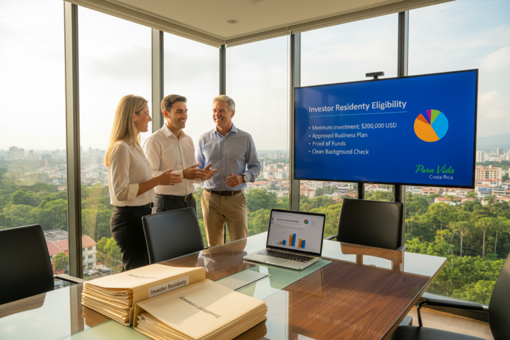 A professional office setting in Costa Rica, showcasing a diverse group of three Caucasian individuals engaged in discussion around a modern conference table. The foreground features document folders labeled "Investor Residency" and a laptop displaying financial graphs. In the middle, a digital presentation board displays bullet points of eligibility criteria for investor residency, highlighting items such as investment amounts and business plans. The background captures large windows with views of lush Costa Rican greenery and subtle hints of a vibrant city skyline. Warm, natural lighting floods the room, creating an inviting and focused atmosphere. The mood is optimistic and professional, with an emphasis on accessible information for potential investors. Incorporate the brand name "Pura Vida Costa Rica" subtly into the setting.