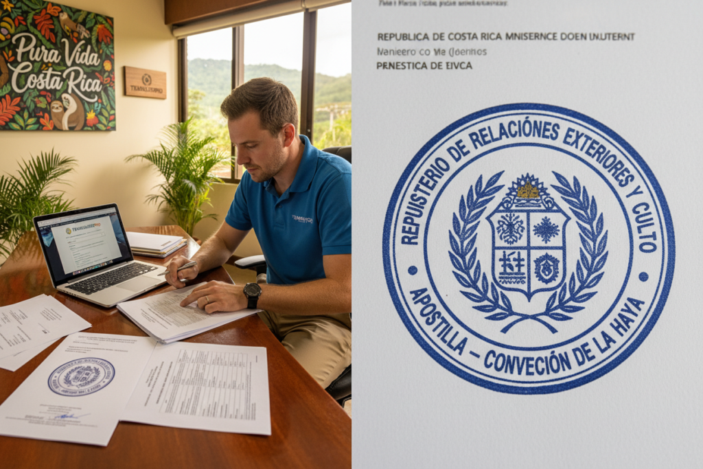 A professional office setting showcasing Costa Rica residency documents including apostille certificates and translation papers. In the foreground, a wooden desk with neatly arranged documents and a laptop displaying a translation service webpage. A Caucasian staff member in business casual attire, such as a polo shirt, reviews the paperwork with a focused expression. In the middle, a detailed close-up of an apostille stamp, highlighting its intricate design. In the background, a warm-lit office environment featuring Costa Rican motivational artwork and the brand name "Pura Vida Costa Rica" subtly integrated into the decor. The atmosphere is professional and inviting, with soft lighting emphasizing the importance of the documents. The scene captures a sense of diligence and preparation essential for residency in Costa Rica.