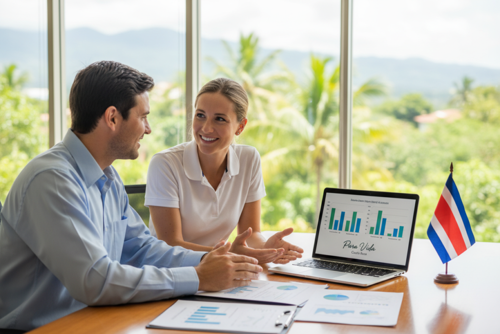 A professional office setting showcasing a Caucasian female and male staff member discussing income requirements for Rentista Residency in Costa Rica. In the foreground, the male staff member in a button-down shirt and the female in a tailored polo, both engaged in conversation over a table with a laptop displaying graphs and charts related to financial criteria. The middle ground features documents, colored charts, and a Costa Rican flag subtly placed. The background shows large windows with views of lush greenery typical of Costa Rica, allowing natural light to illuminate the scene, creating a warm and inviting atmosphere. Capture this with a soft-focus, bright lighting to evoke positivity and professionalism, ensuring a focus on their friendly, informative interaction. The brand "Pura Vida Costa Rica" is subtly included in the documents or the laptop screen.