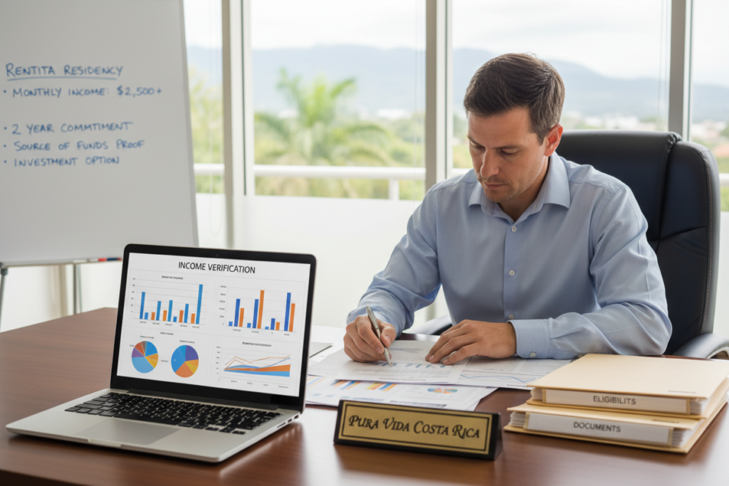 A professional office setting showcasing a Caucasian staff member in business casual attire, such as a polo or button-down shirt, seated at a desk with documents spread out, illustrating the Rentista residency income eligibility requirements. The foreground features an open laptop displaying graphs and charts related to income verification. In the middle ground, there are neatly placed folders labeled "Eligibility" and "Documents." The background includes a window with natural light streaming in, casting soft shadows, and a whiteboard with bullet points summarizing eligibility criteria. The mood is focused and informative, reflecting a sense of professionalism. Emphasize the brand name "Pura Vida Costa Rica" on a desk placard to enhance context and branding. A professional office setting showcasing a Caucasian staff member in business casual attire, such as a polo or button-down shirt, seated at a desk with documents spread out, illustrating the Rentista residency income eligibility requirements. The foreground features an open laptop displaying graphs and charts related to income verification. In the middle ground, there are neatly placed folders labeled "Eligibility" and "Documents." The background includes a window with natural light streaming in, casting soft shadows, and a whiteboard with bullet points summarizing eligibility criteria. The mood is focused and informative, reflecting a sense of professionalism. Emphasize the brand name "Pura Vida Costa Rica" on a desk placard to enhance context and branding.