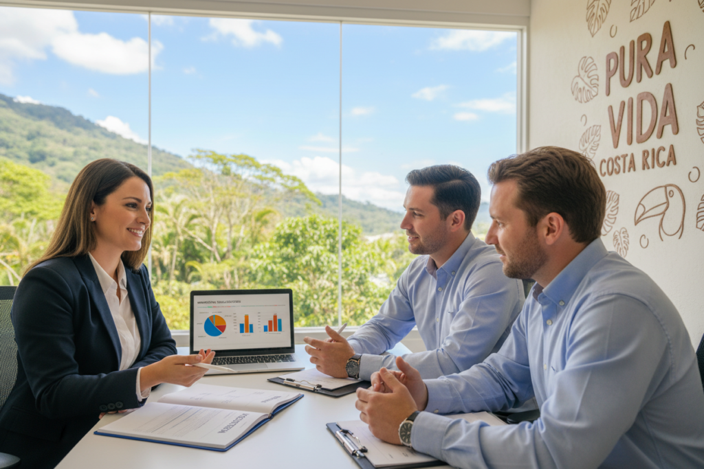 A professional office setting showcasing a diverse group of Caucasian staff in business casual attire (polo/button-down shirts) discussing Costa Rica residency qualifications. In the foreground, a confident woman points to an information document, emphasizing key criteria with a welcoming smile. In the middle, two men engage in conversation while looking at a laptop, displaying charts and graphs related to immigration qualifications. The background features a large window with a view of Costa Rica's lush greenery and vibrant blue sky. The room is well-lit with natural sunlight flooding in, enhancing a productive and optimistic atmosphere. The phrase "Pura Vida Costa Rica" is subtly integrated into the office decor on a wall display, creating a sense of local culture and warmth.