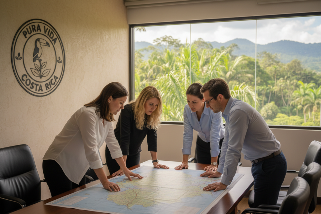 A professional office setting showcasing diverse Caucasian individuals in business casual attire, engaged in a discussion about Costa Rican citizenship by descent. In the foreground, a group of three people—one male and two females—are examining a map of Costa Rica, highlighting areas of potential family roots. Their expressions convey curiosity and determination. In the middle ground, a large window reveals a lush Costa Rican landscape, emphasizing the country's natural beauty. Soft, warm lighting bathes the scene, creating an inviting atmosphere. In the background, a wall features the logo "Pura Vida Costa Rica," symbolizing a connection to the nation's heritage. The composition is balanced, capturing the blend of professionalism and warmth associated with the process of obtaining citizenship through parents.