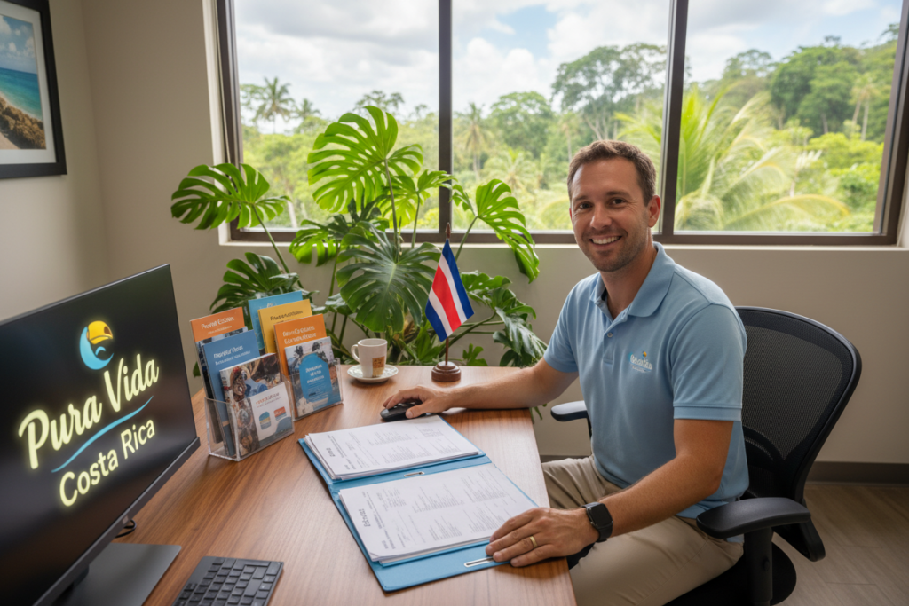 A professional office setting that reflects the Costa Rican residency process, featuring a Caucasian staff member in business casual attire (a polo shirt) seated at a desk with residency application documents spread out. In the foreground, a computer screen displays the "Pura Vida Costa Rica" logo prominently. The middle ground shows a stack of pamphlets and a Costa Rican flag on the desk, while soft, natural light filters through a window with lush tropical plants visible outside, enhancing the inviting atmosphere. The mood should be encouraging and informative, suggesting a supportive guidance experience for individuals seeking residency in Costa Rica. Use a slightly elevated angle for a clear view of the workspace, ensuring a professional and warm ambiance.