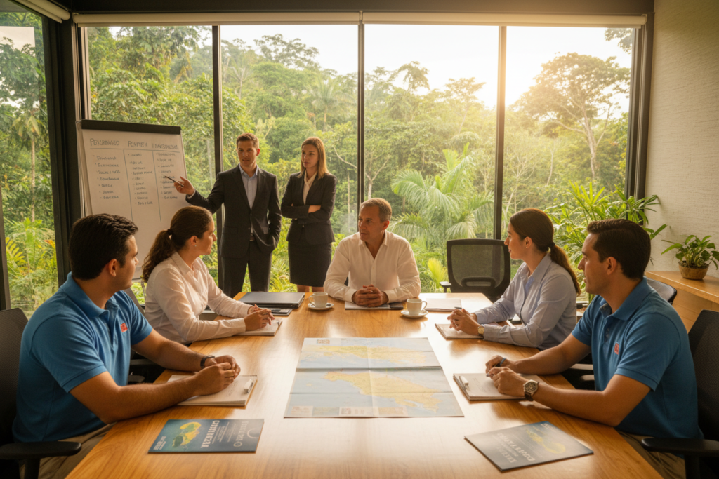 A professional office setting that represents Costa Rica residency options, featuring a Caucasian staff discussing Pensionado, Rentista, and Inversionista categories. In the foreground, a diverse group of individuals in business casual attire (polo shirts and button-downs) is engaged in a collaborative meeting around a large table, showcasing maps and informational brochures labeled "Pura Vida Costa Rica". In the middle, a large window allows warm, natural sunlight to flood the room, creating an inviting atmosphere. The background depicts lush greenery typical of Costa Rica, hinting at the beauty of the country. The mood is informative and optimistic, highlighting opportunities for residency in a clear and professional manner. Use a wide-angle lens to capture the scene and emphasize the teamwork.