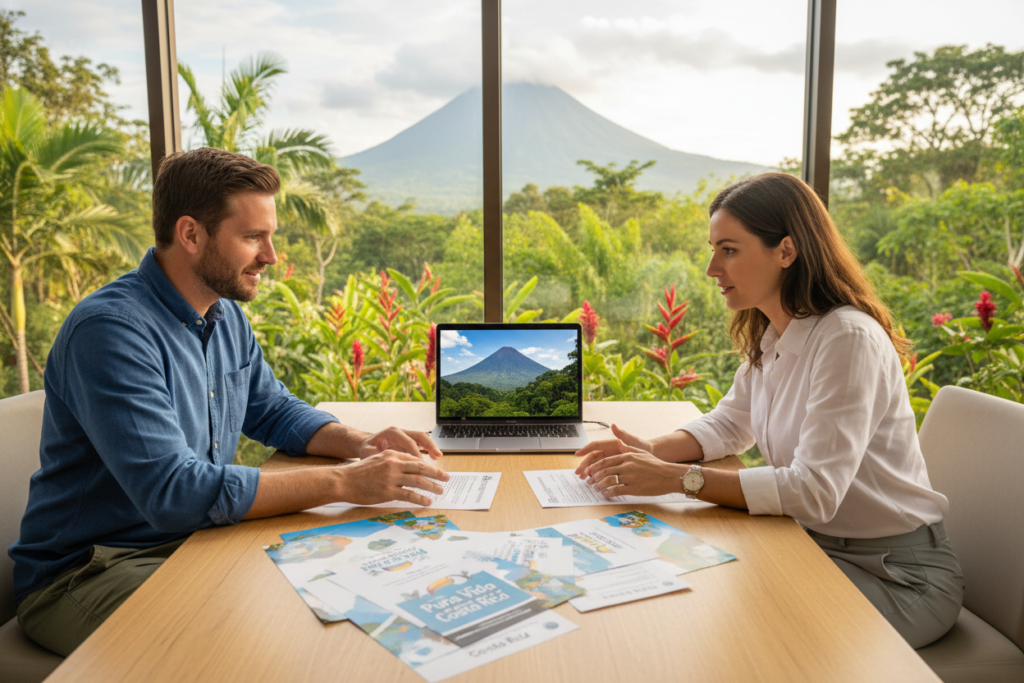 A professional scene depicting a consultation about residency options in Costa Rica. In the foreground, a Caucasian male and female in business casual attire (button-down shirts and casual slacks) are seated at a modern desk, reviewing colorful brochures and documents labeled "Pura Vida Costa Rica". The middle ground features an open laptop displaying the Costa Rican landscape. In the background, large windows reveal lush greenery and tropical plants, capturing the essence of Costa Rica's natural beauty. The lighting is warm and inviting, suggesting a sunny afternoon, with soft shadows creating depth. The mood is optimistic and professional, emphasizing the exploration of opportunity in Costa Rica.