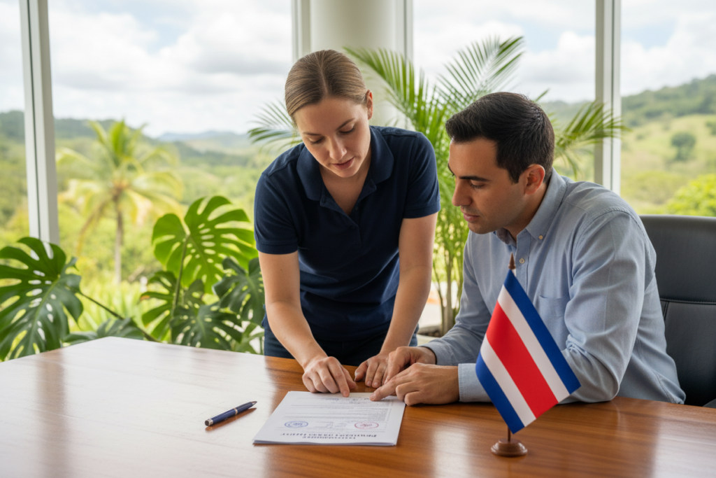 A professional setting depicting a "Rentista residency monthly income proof" document on a wooden desk. The foreground shows a clean, organized paper with neatly printed numbers and official stamps, accompanied by a pen and a small Costa Rican flag. In the middle ground, a Caucasian female and male staff member are discussing the document, dressed in business casual attire—polo shirts and button-downs, no jackets. The background features a light-filled office with tropical plants and a glimpse of the outdoors, showcasing the vibrant landscape of Costa Rica. Soft, natural lighting enhances a relaxed yet professional atmosphere. Include subtle branding elements featuring "Pura Vida Costa Rica" in a tasteful manner on the document.