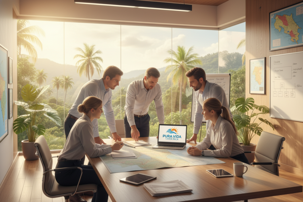 A professional setting depicting the requirements for a Costa Rica Investor Visa. In the foreground, a group of diverse Caucasian professionals in business casual attire (polo shirts and button-downs) huddle around a table filled with documents, maps, and a laptop displaying the "Pura Vida Costa Rica" logo. In the middle ground, large windows let in warm, natural light, highlighting the vibrant greenery of Costa Rica outdoors, suggesting a tropical atmosphere. The background features hints of a modern office with plants and maps of Costa Rica on the walls, creating a productive and inviting vibe. The overall mood is one of collaboration and opportunity, with a focus on investment and growth in Costa Rica.