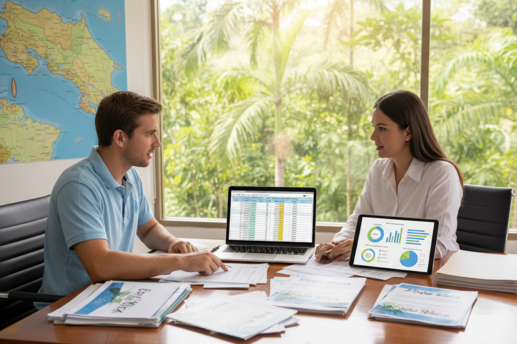 A professional setting illustrating "Costa Rica Rentista Residency Fees" with a focus on clarity and understanding. In the foreground, a Caucasian male and female staff member dressed in business casual attire (polo and button-down shirts) sit at a modern desk filled with paperwork and brochures labeled "Pura Vida Costa Rica." In the middle ground, a laptop displays a spreadsheet of residency fees, and colorful charts illustrate costs. The background features lush greenery and a map of Costa Rica, symbolizing the country's beauty. Soft, natural lighting streams in through a large window, creating a warm, inviting atmosphere. The composition leads the viewer’s eye effectively, capturing the essence of navigating residency fees in Costa Rica.
