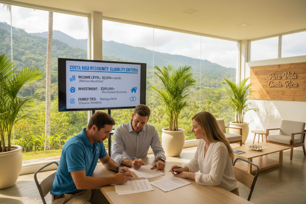 A professional setting illustrating the eligibility criteria for Costa Rica residency. In the foreground, a diverse group of Caucasian individuals dressed in business casual attire—polos and button-down shirts—discussing documents and forms on a table. In the middle, a whiteboard or digital screen displaying key eligibility factors, such as income level, investment requirements, and marriage eligibility. The background features a bright office space with tropical plants, large windows showcasing a sunny Costa Rican landscape, and the brand name "Pura Vida Costa Rica" subtly incorporated into the decor. The lighting is warm and inviting, with soft natural light flowing in, creating a positive and hopeful atmosphere, ideal for understanding residency options.