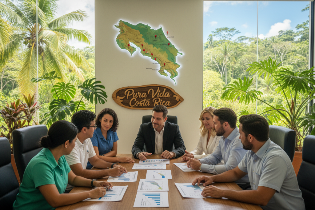 A professional setting showcasing the criteria for Costa Rica residency qualifications. In the foreground, a group of diverse individuals dressed in business casual attire, including polo shirts and button-downs, are engaged in a discussion, with charts and graphs about residency requirements on a table. In the middle ground, a large, bright map of Costa Rica is pinned to a wall, highlighting key cities and regions like San José. The background features tropical plants and a window revealing a sunny, lush landscape characteristic of Costa Rica. Soft, natural light floods the room, captured with a wide-angle lens to create an inviting atmosphere. Include the phrase “Pura Vida Costa Rica” on a decorative wall art piece, contributing to a warm and motivational mood.