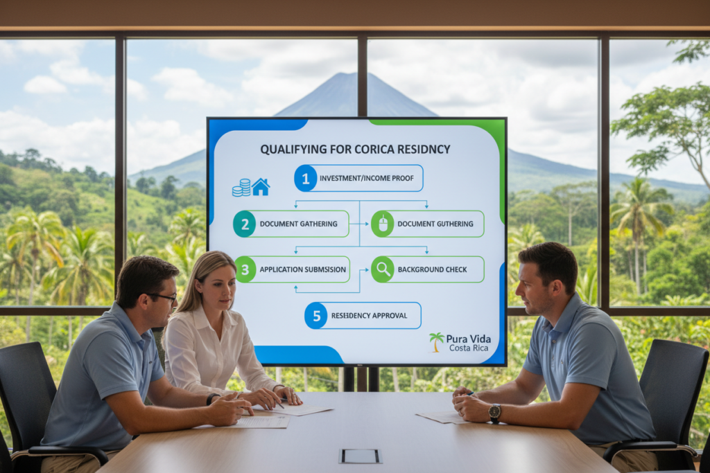 A professional setting showcasing the steps for qualifying for Costa Rica residency, with a clear visual layout. In the foreground, a diverse group of Caucasian staff in business casual attire (polo shirts and button-downs, no ties or jackets) are engaged in discussion around a modern conference table. In the middle, a detailed flowchart illustrating the qualification steps, visually represented with icons and arrows for clarity. The background features a large window with a view of lush Costa Rican landscapes, symbolizing the beauty of the country. Soft, natural lighting illuminates the scene, creating a welcoming atmosphere. The brand name "Pura Vida Costa Rica" subtly incorporated into the design of the flowchart. The mood is informative and professional, encouraging potential investors.