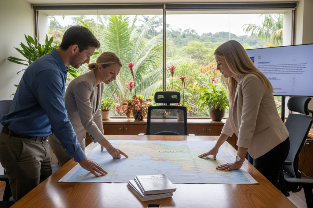 A professional, well-lit office setting showcasing a diverse group of Caucasian individuals dressed in business casual attire, gathered around a sleek conference table. In the foreground, a male and female professional are actively discussing Costa Rica residency options, pointing to a large, detailed map of Costa Rica. The middle ground features stacks of informative brochures with the brand "Pura Vida Costa Rica" prominently displayed. The background includes a large window revealing a vibrant Costa Rican landscape with lush greenery and tropical plants, illuminated by soft, natural light. The mood is collaborative and informative, capturing the essence of exploring residency options in a welcoming atmosphere.