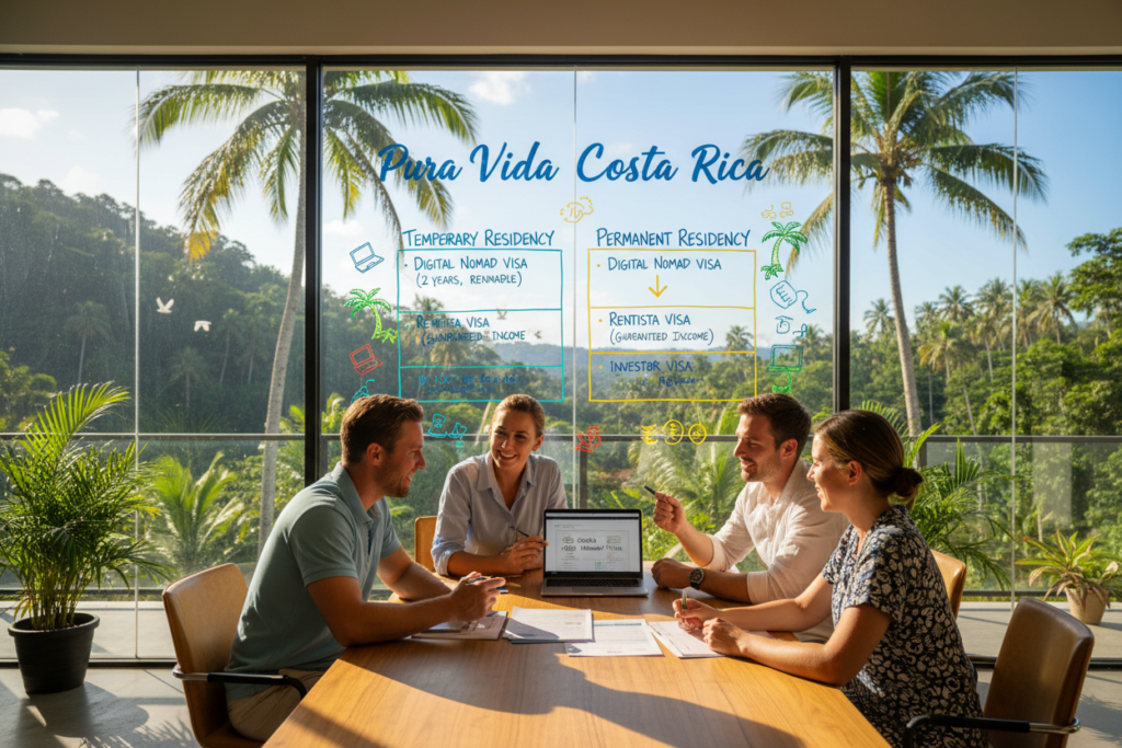 A professional workspace depicting the various residency options in Costa Rica for digital nomads. In the foreground, a diverse group of Caucasian individuals dressed in business casual attire (polo and button-down shirts) collaborate over a table filled with documents and a laptop. The middle ground features a whiteboard with colorful charts and diagrams illustrating different residency visa options, labeled "Pura Vida Costa Rica." In the background, large windows showcase a lush tropical landscape, with green palm trees and a clear blue sky creating an inviting atmosphere. Soft, natural lighting filters through the windows, casting gentle shadows and highlighting the engaged expressions of the figures. The overall mood is informative and optimistic, capturing the essence of opportunity in Costa Rica.