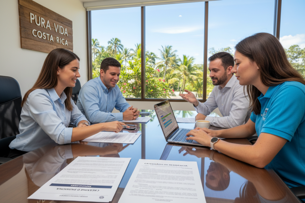 A professional workspace set in a vibrant Costa Rican office, showcasing a group of four Caucasian staff members dressed in business casual attire (polo shirts and button-downs). The foreground features a sleek modern table with documents outlining residency categories—Pensionado, Rentista, Inversionista—alongside a laptop displaying a colorful graph of eligibility thresholds. In the middle ground, a large window reveals a stunning tropical vista with lush palm trees and a clear blue sky, which adds warmth and a sense of optimism. The background subtly incorporates the brand name "Pura Vida Costa Rica" on a decorative wall plaque. Bright, natural lighting floods the scene, creating an inviting atmosphere of professionalism and approachability. The angle captures the teamwork dynamic and a focus on clarity in discussing residency requirements.