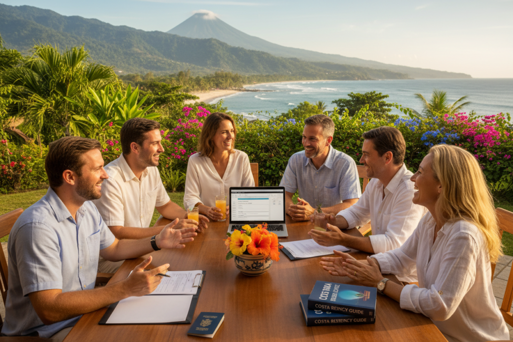 A scenic view depicting the benefits of Costa Rica residency, featuring a diverse group of Caucasian individuals in business casual attire (polo/button-down shirts) joyfully discussing around a table in a lush outdoor setting, surrounded by tropical greenery and vibrant flowers. In the foreground, a detailed table showcasing documents and a laptop, symbolizing the residency process. In the middle, the group is engaged in an animated conversation, with expressions of excitement and positivity. The background includes iconic Costa Rican landscapes, such as mountains and beaches, under bright, natural lighting that creates an inviting atmosphere. The scene embodies the spirit of “Pura Vida Costa Rica,” reflecting community, opportunity, and a vibrant lifestyle.