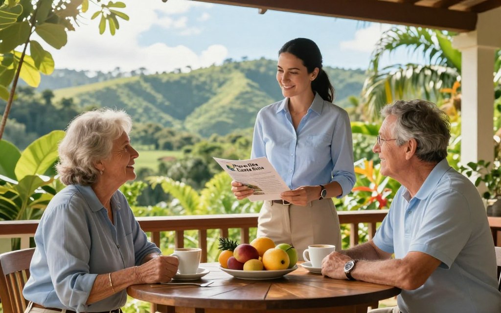 A serene Costa Rica retirement scene, showcasing a vibrant, sun-drenched patio surrounded by lush tropical foliage. In the foreground, a friendly Caucasian couple in business casual attire (polo and button-down shirts) sit at a wooden table, enjoying fresh fruit and coffee, smiling as they engage in conversation. In the middle ground, a local real estate agent from "Pura Vida Costa Rica" presents a brochure to the couple, emphasizing the region's retirement benefits. The background features rolling green hills and a clear blue sky, with sunlight filtering through the leaves, creating a warm and inviting atmosphere. The composition captures a sense of tranquility and community, perfect for illustrating the essence of choosing Costa Rica for retirement. Ideal lighting conditions showcase the vibrant colors of nature, using a soft focus lens to evoke a peaceful mood.