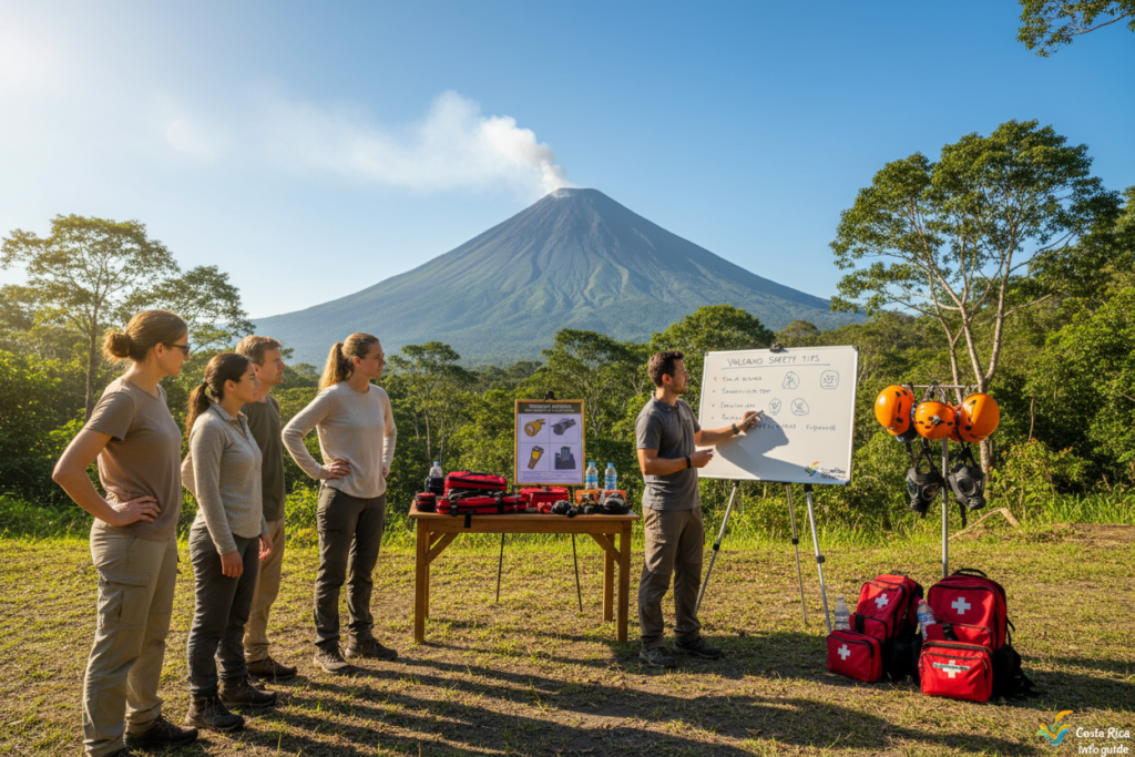 A serene Costa Rican landscape featuring an active volcano in the background, surrounded by lush greenery and a clear blue sky. The foreground includes a small group of diverse individuals dressed in modest casual clothing, attentively observing a professional guide presenting key volcano safety tips using a portable whiteboard. Relevant safety gear like helmets and gas masks are clearly visible. The middle ground shows informative visuals illustrating safety supplies, such as first aid kits and emergency backpacks, neatly arranged. The lighting is bright and natural, capturing the vibrant colors of the environment, with a warm, inviting atmosphere. The scene emphasizes awareness and preparedness for volcanic activity. Include subtle branding elements representing "Costa Rica info guide" within the composition, ensuring they do not detract from the main focus.