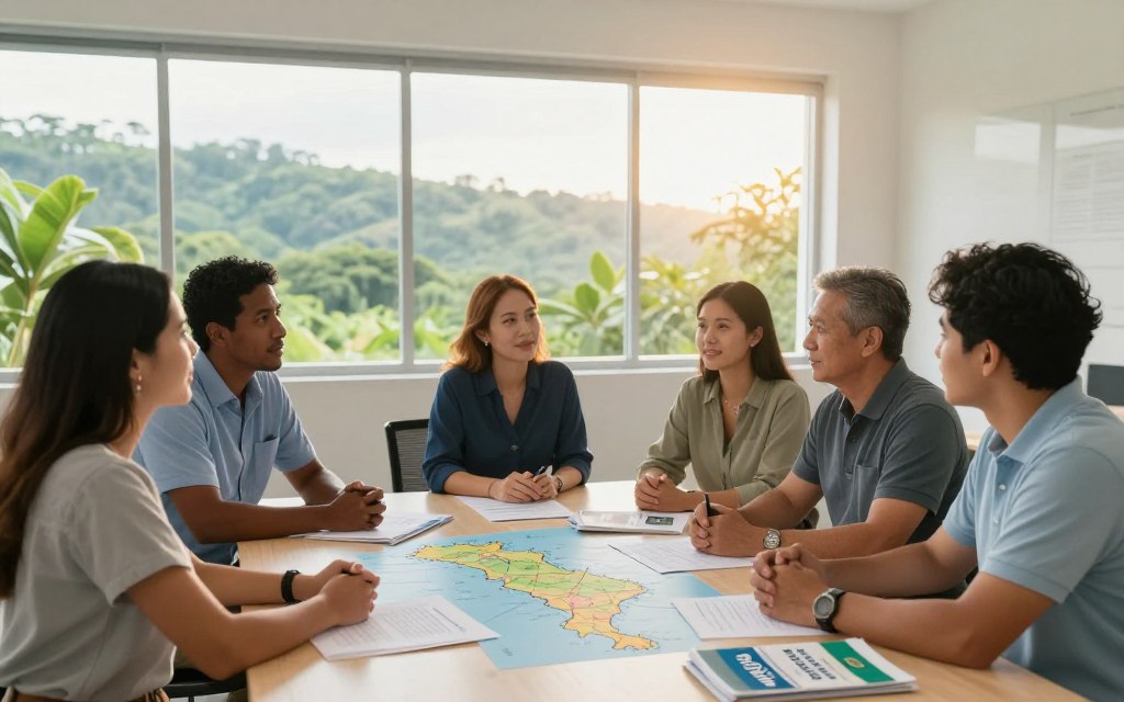 A serene and informative representation of Costa Rica's residency pathways for individuals with pre-existing health conditions. In the foreground, a diverse group of professionals in business casual attire (polo and button-down shirts) discusses over a table adorned with Costa Rican maps and brochures labeled "Pura Vida Costa Rica." The middle ground features a bright office space with large windows offering a view of lush green landscapes typical of Costa Rica, symbolizing opportunity and health. In the background, soft sunlight streams in, creating a warm and inviting atmosphere. The overall mood is supportive and enlightening, showcasing a collaborative environment where individuals are empowered to explore their residency options. The image should be well-lit, capturing the essence of hope and community in a safe for work context.